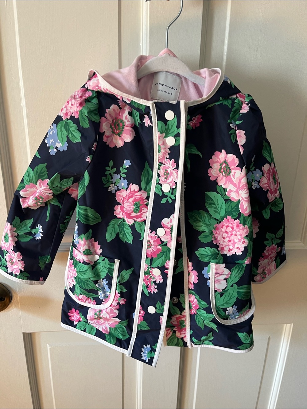Janie and Jack Navy Floral Hooded Raincoat with Pink Flowers